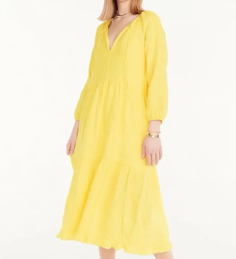 J. Crew Sunny Yellow Linen Tiered Ruffle Trim Midi Dress Size XS/S